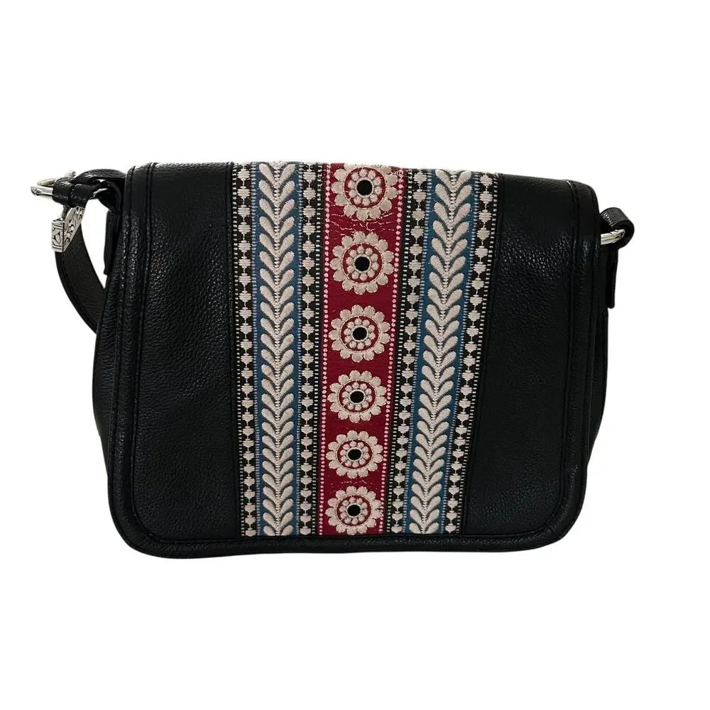 Brighton Bronte Organizer Bag Black Leather Embroidered Western Boho Shoulder